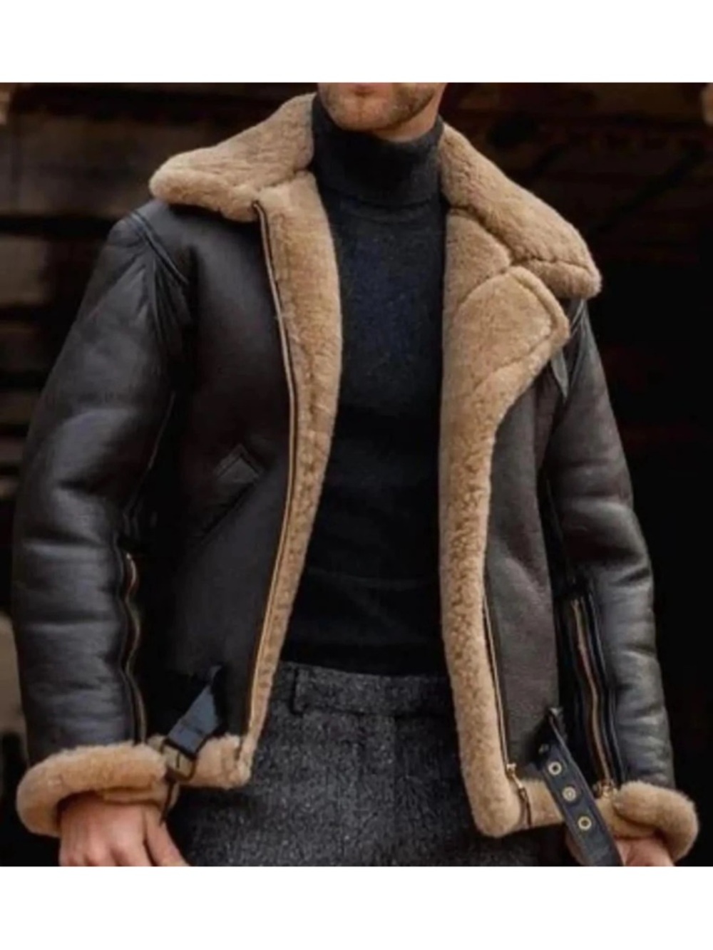 Men's XL Brown Shearling-Lined Bomber Jacket